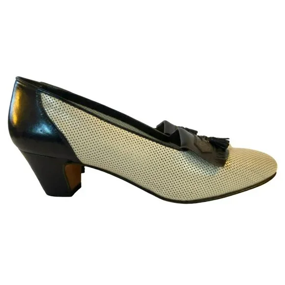 Vintage Breazioni Arabella US9 Heels Shoes Italy Navy White Leather Vero Cuoio - Picture 2 of 9